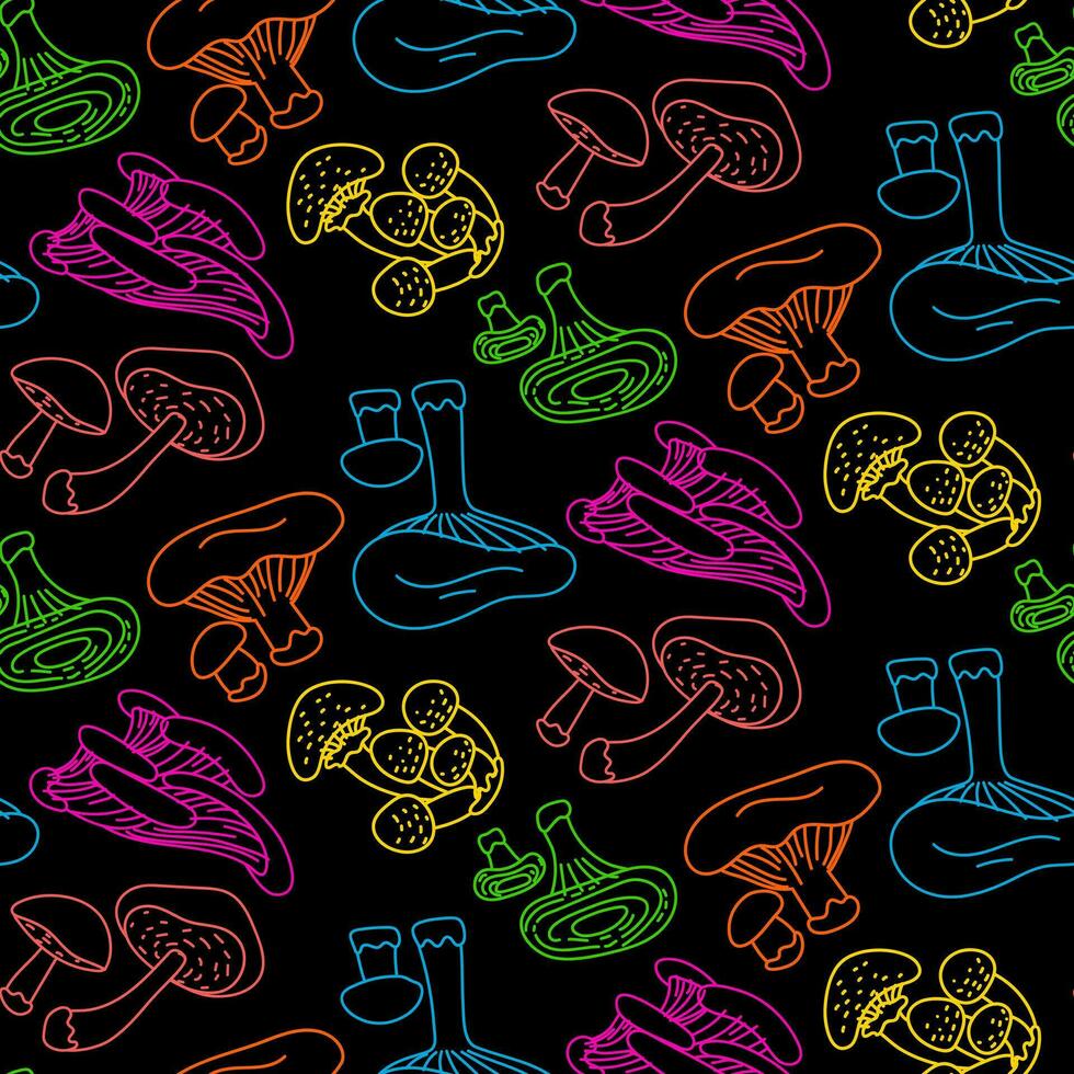 ljus kontur mönster med flerfärgad svamp. färgrik illustration av svamp, ljus psychedelic färger på en svart bakgrund. konturerad sömlös textur för utskrift på textilier och papper vektor