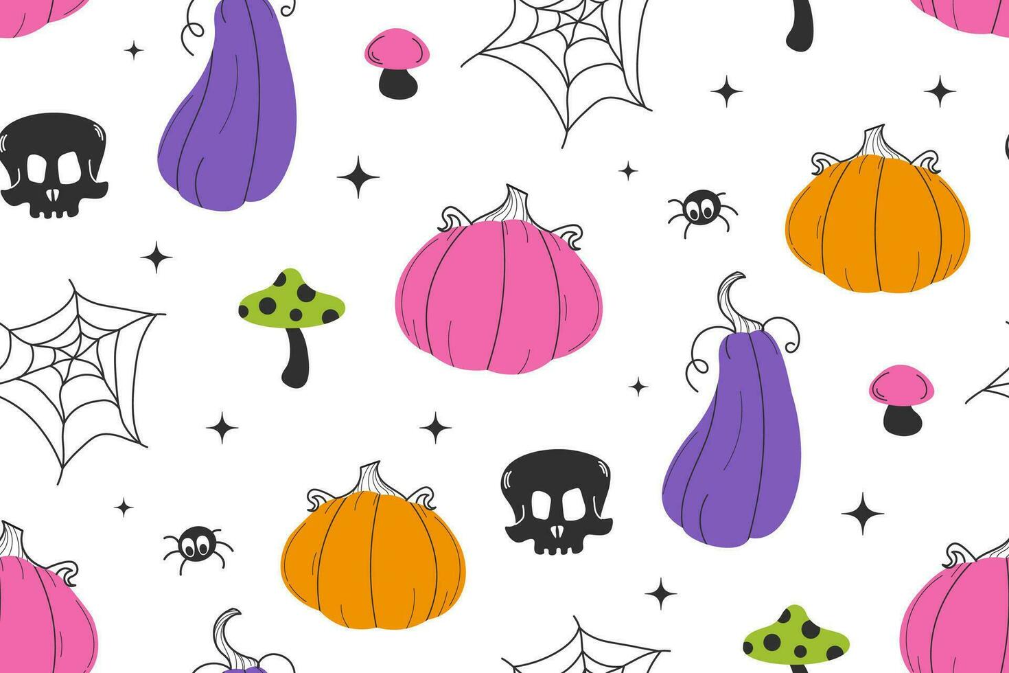 halloween sömlös mönster. färgad pumpor, Spindel webb, skalle. vektor platt illustration. mönster för bakgrund, utskrift på omslag papper, tapet eller tyg. halloween bakgrund.
