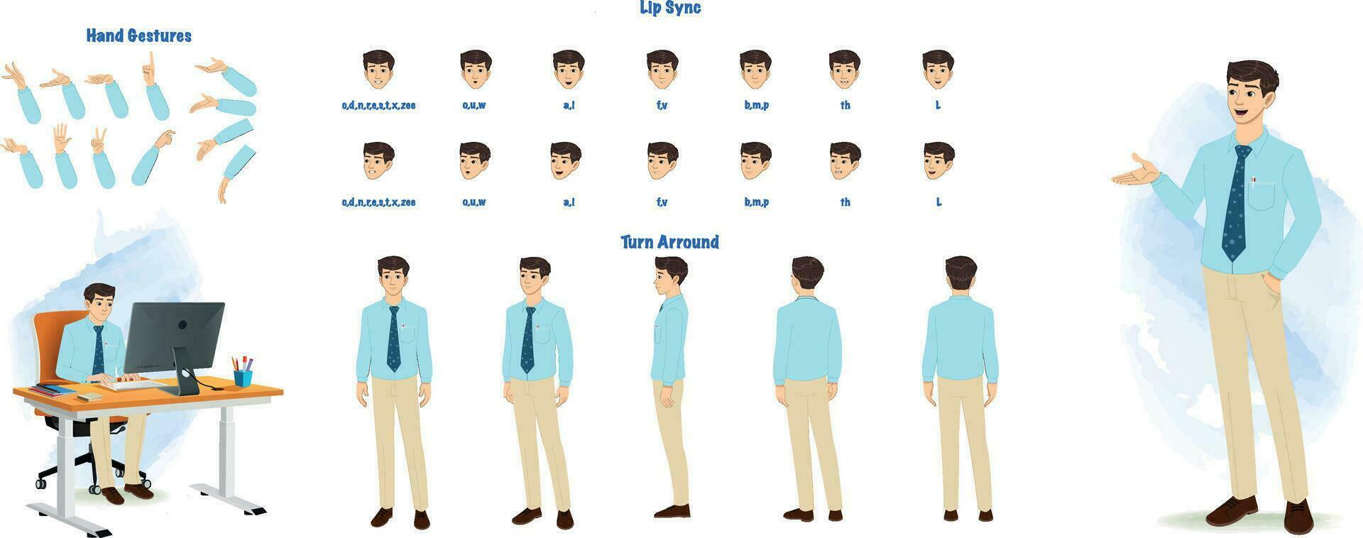 ein Geschäft Mann Modellblatt. Geschäftsmann Wende um Blatt, Hand Gesten, Lippe synchronisieren vektor