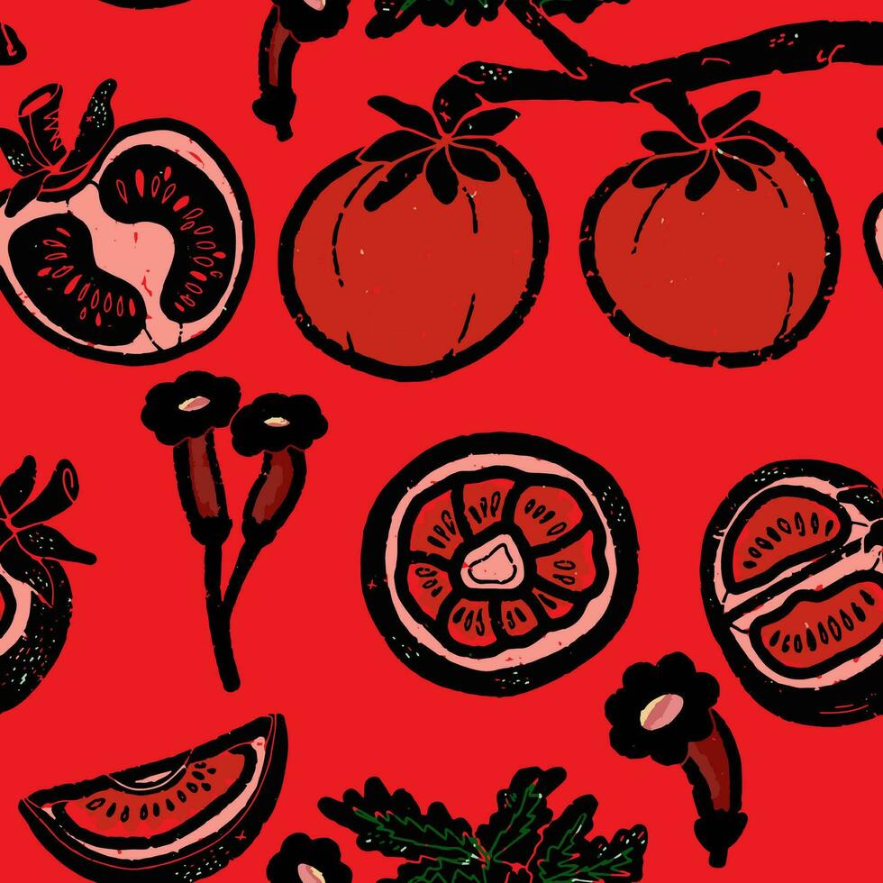 en röd bakgrund med tomater och svamp vektor
