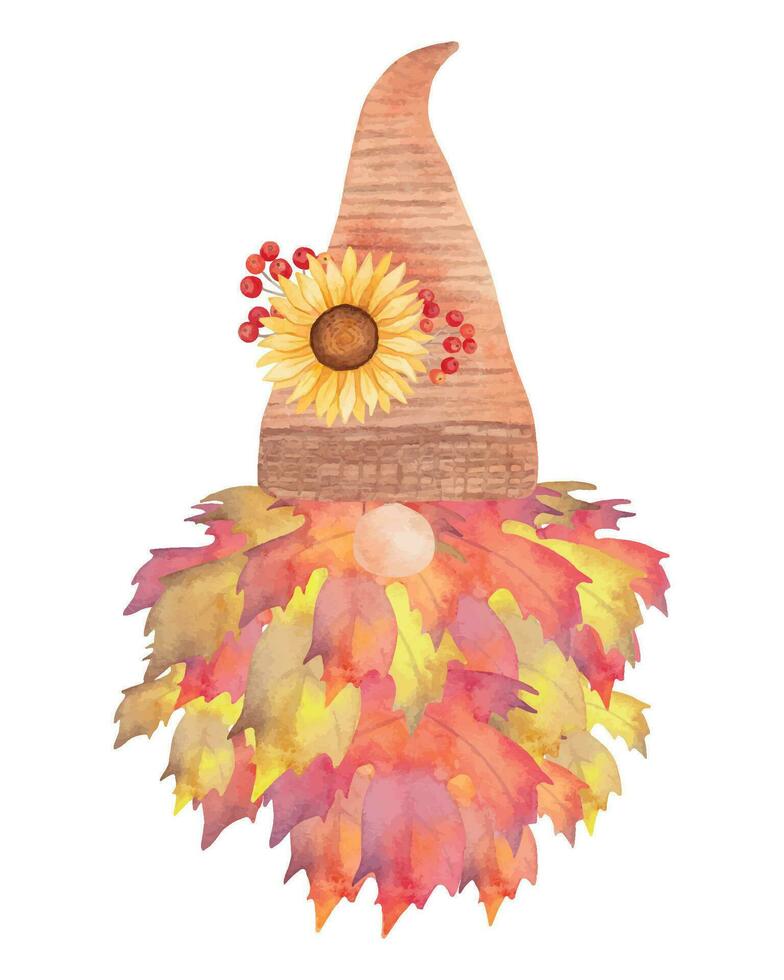 Herbst Gnom.Bart gemacht von Ahorn Blätter.auf das Hut Dort ist ein Sonnenblume mit ein Rowan.Aquarell botanisch Illustration zum das Feiertage. das Erntedankfest, Halloween. isoliert handgemacht Kunst. vektor