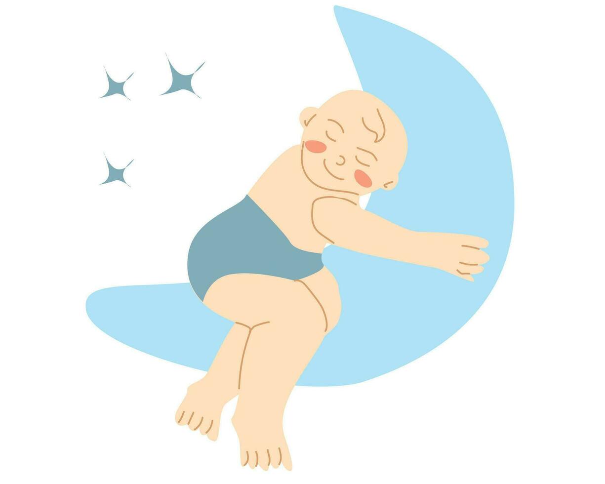 Karikatur süß Baby Junge Schlafen auf das Mond vektor