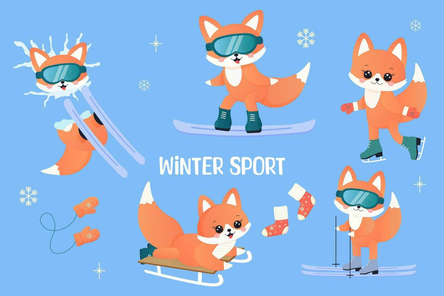 vinter- sporter uppsättning. räv på skidor, släde, snowboard, skridskor. vektor