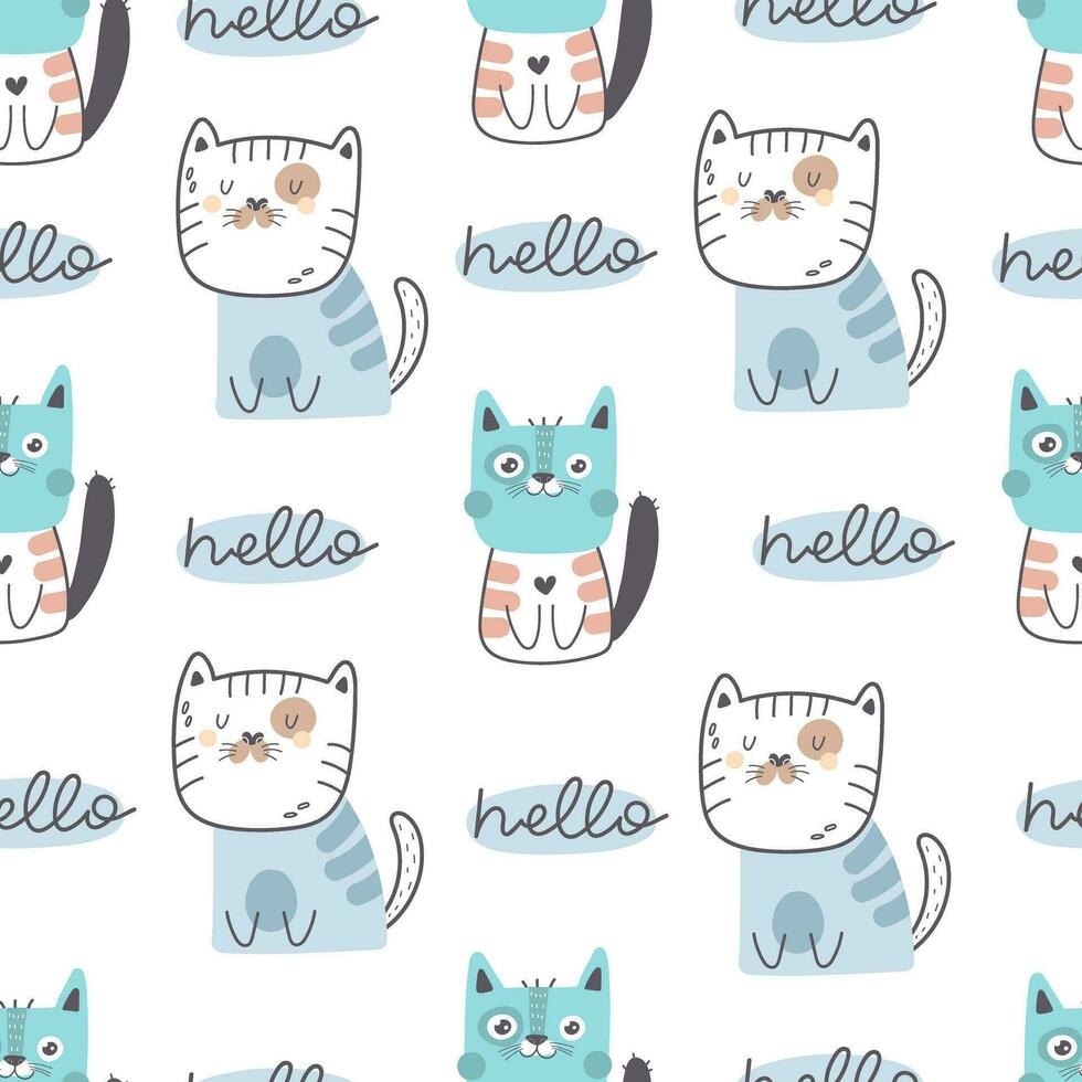 sömlös mönster med tecknad serie katter. färgrik vektor platt för ungar. hand teckning. bebis design för tyg, skriva ut, omslag, textil-