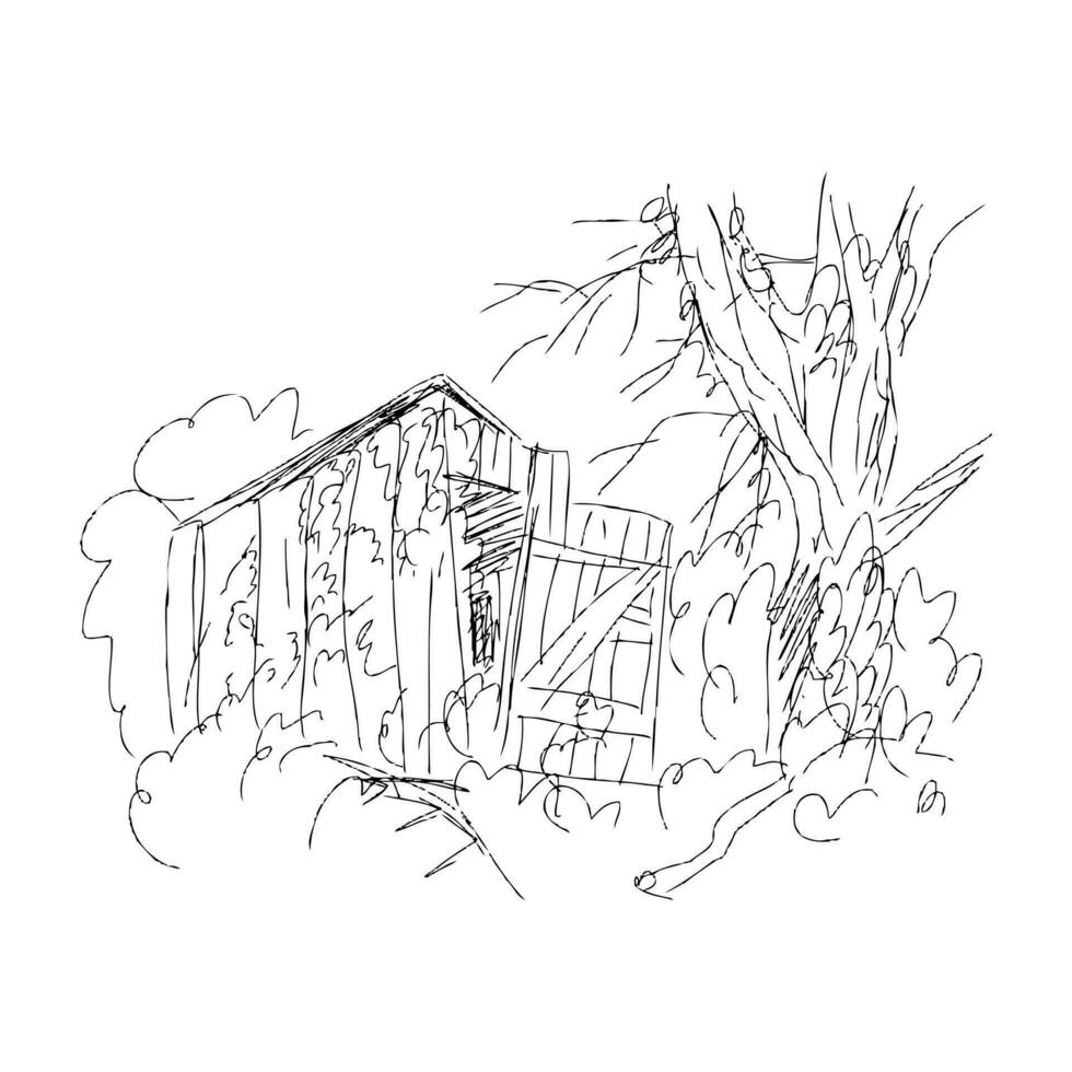 hand teckning skiss övergiven skjul i de skog. perfekt skriva ut för tee, affisch, kort, klistermärke. vektor
