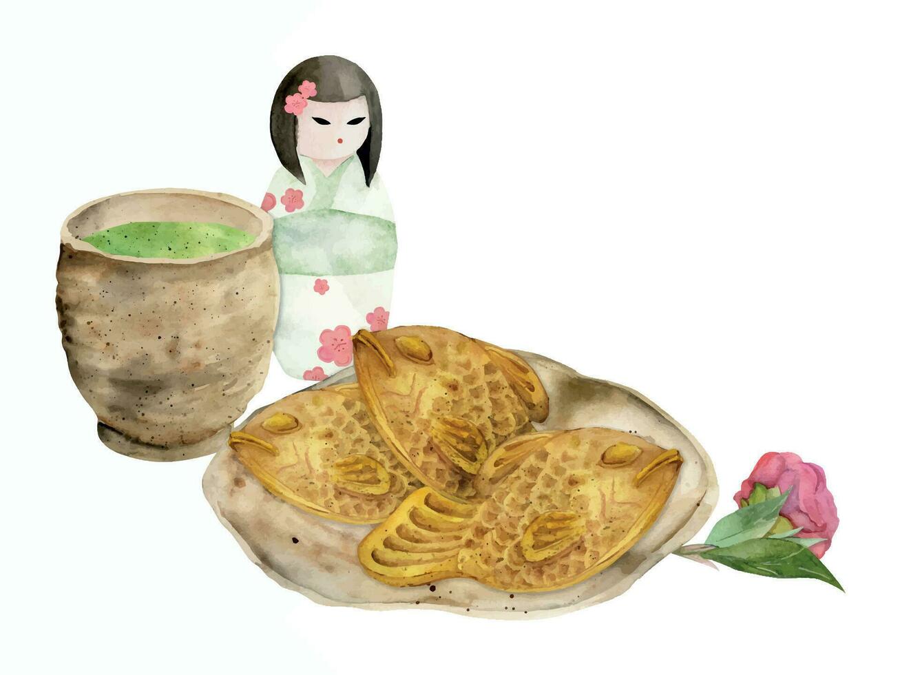 Aquarell Hand gezeichnet traditionell japanisch Süßigkeiten. Keramik Gericht, Taiyaki Kamelie Kokeshi Puppe. isoliert auf Weiß Hintergrund. Design zum Einladungen, Restaurant Speisekarte, Gruß Karten, drucken, Textil- vektor