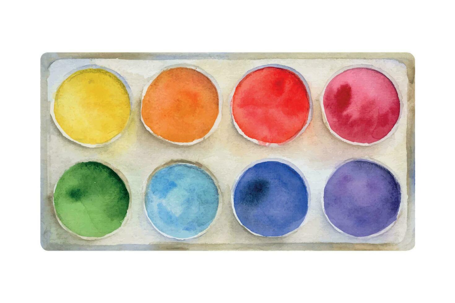 Aquarell Hand gezeichnet Illustration, Kinder Kinder Gemälde Materialien Lieferungen, Farbe Palette Kasten, Kunst Palette, Bürsten. Single Objekt isoliert auf Weiß. zum Schule, Kindergarten, Geschäft, Karten, Webseite. vektor