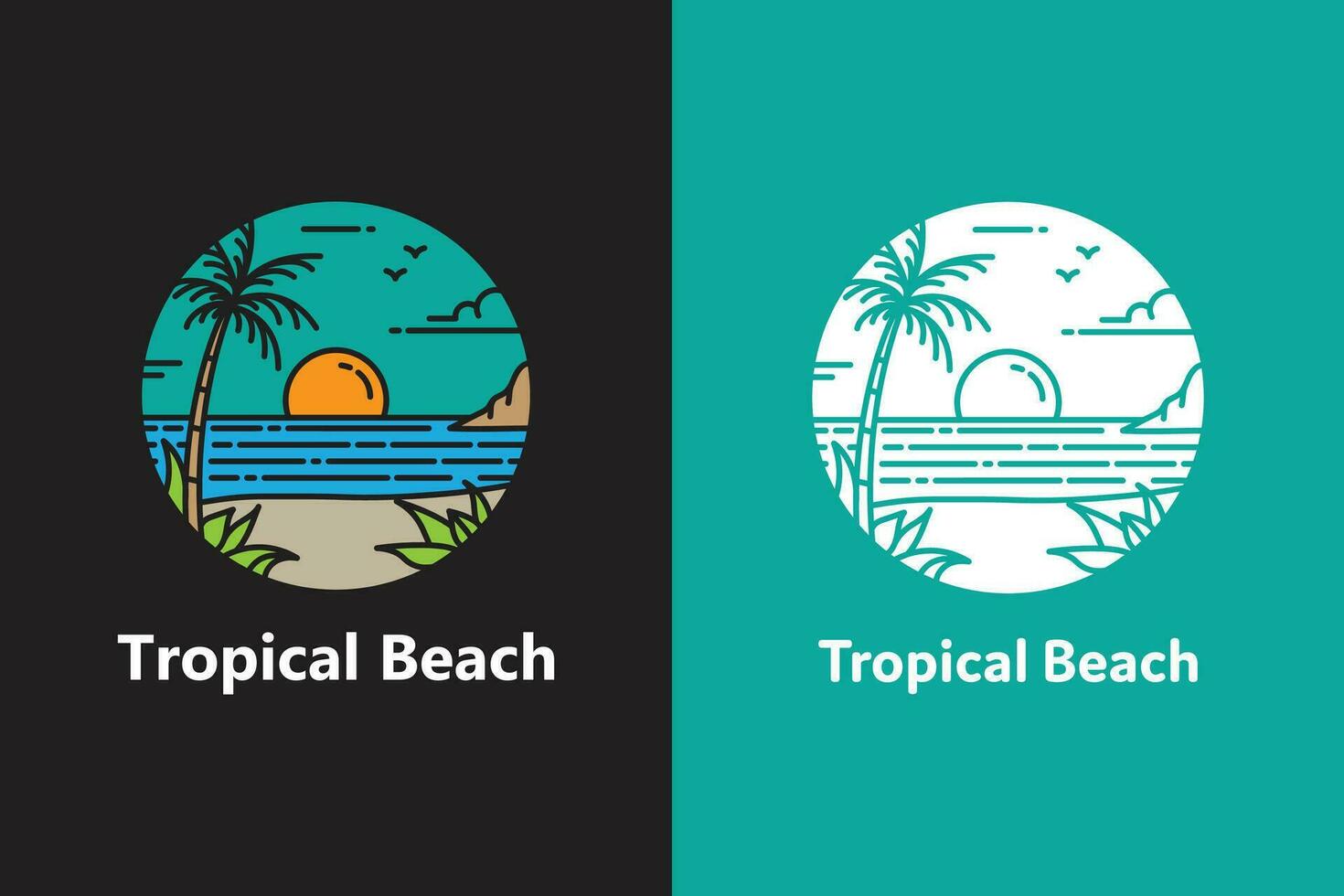 tropisch Strand Logo mit ein Palme Baum beim Sonnenuntergang Emblem Stil Design. Insel Strand Vektor Symbol