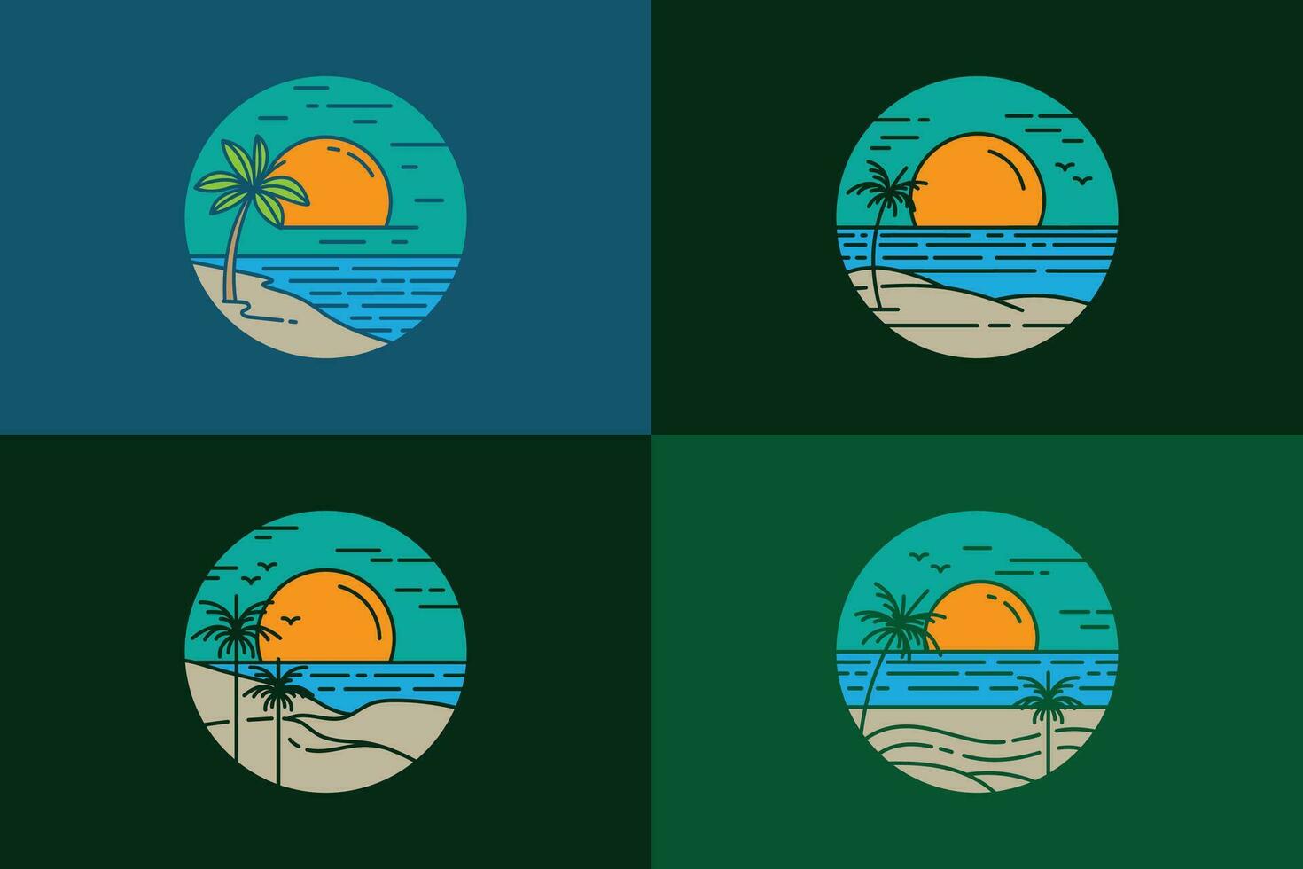einstellen von tropisch Insel Strand Logos mit Palme Bäume beim Sonnenuntergang auf das Küste auf ein Kreis Design vektor