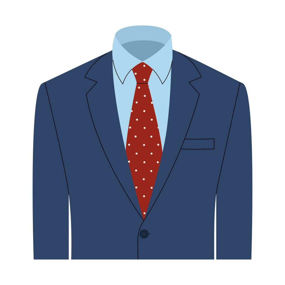 Blau Herren Jacke mit Blau Hemd und rot Polka Punkt binden. männlich Geschäft passen mit Blazer. Vektor eben Illustration isoliert auf Weiß Hintergrund