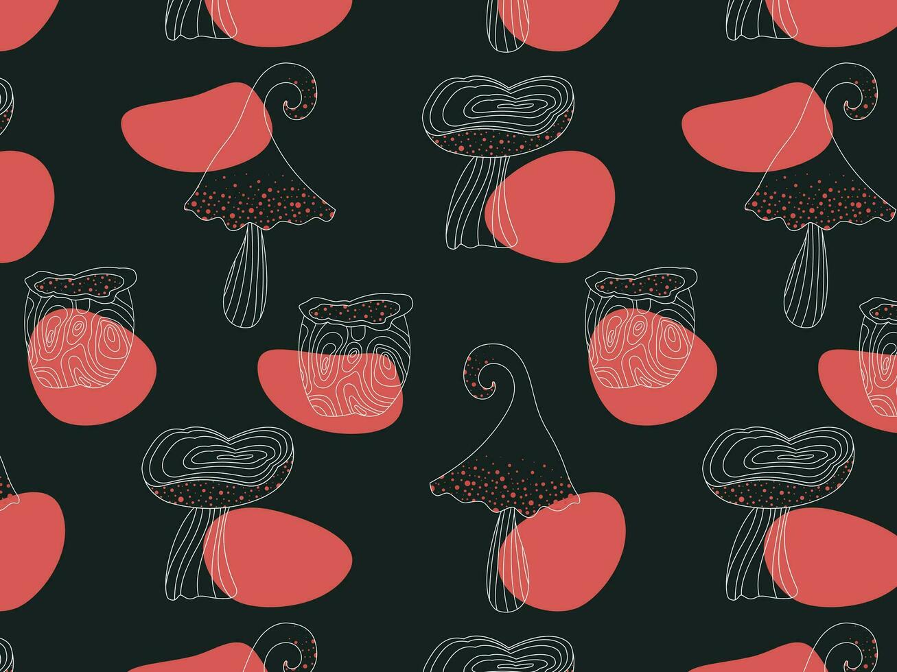 abstrakt sömlös mönster av svamp på en mörk bakgrund, linjär teckning, ritad för hand, vektor illustration. fläckar av röd Färg. design för utskrift, textilier, papper.