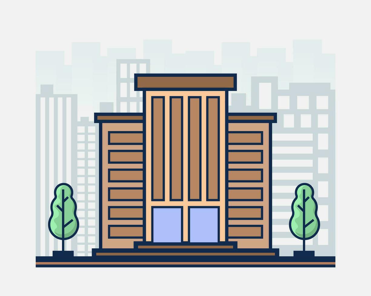 modern kontor byggnad i platt stil med träd. hotell illustration. vektor