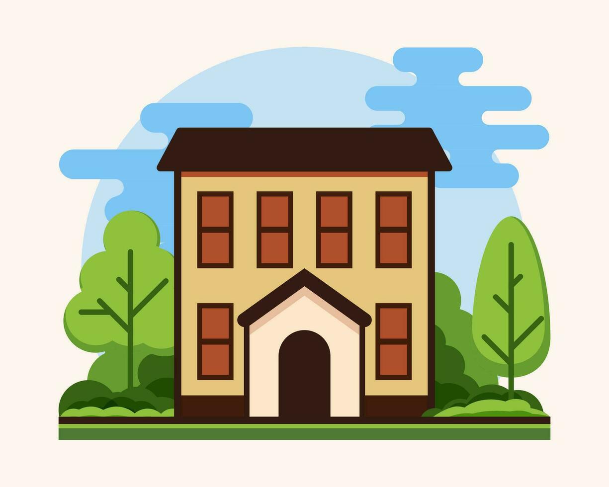 Illustration von ein Haus mit ein Baum und Gebüsch im Vorderseite von Es. Wohnung Gebäude Konzept mit Symbol Design eben Illustration vektor
