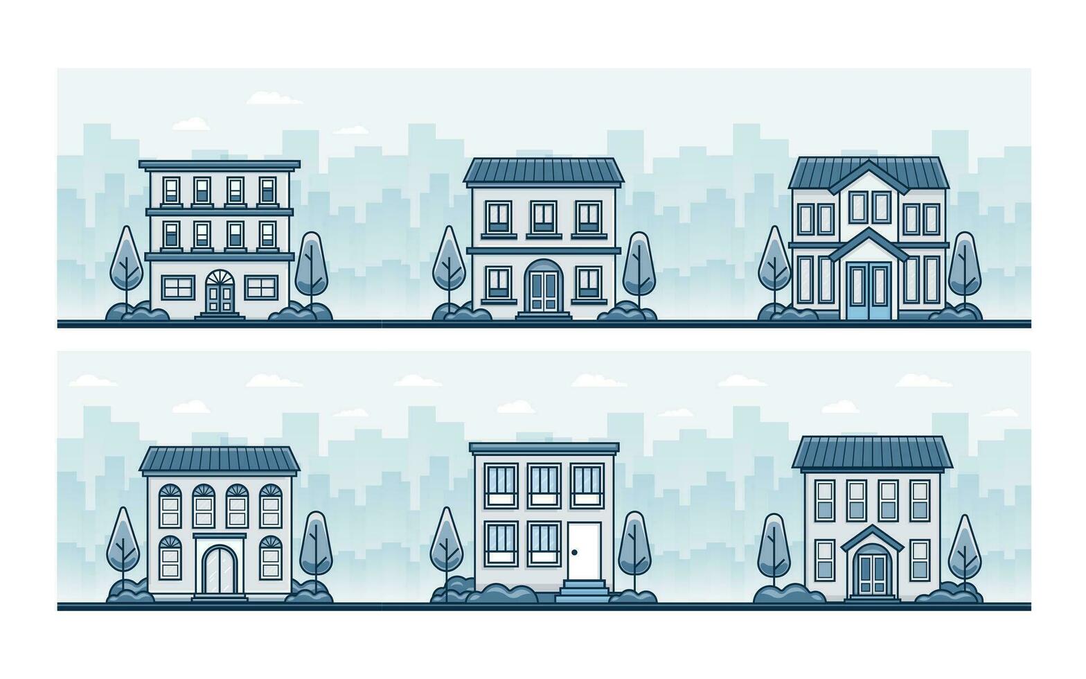 uppsättning lägenhet ikon. urban hus bostads- och hotell byggnad platt illustration. vektor