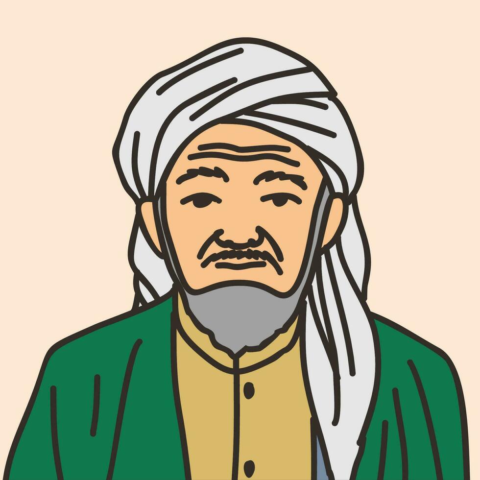 illustration av en muslim präst, akademisk, lärd person, med en turban och mitten östra Kläder vektor