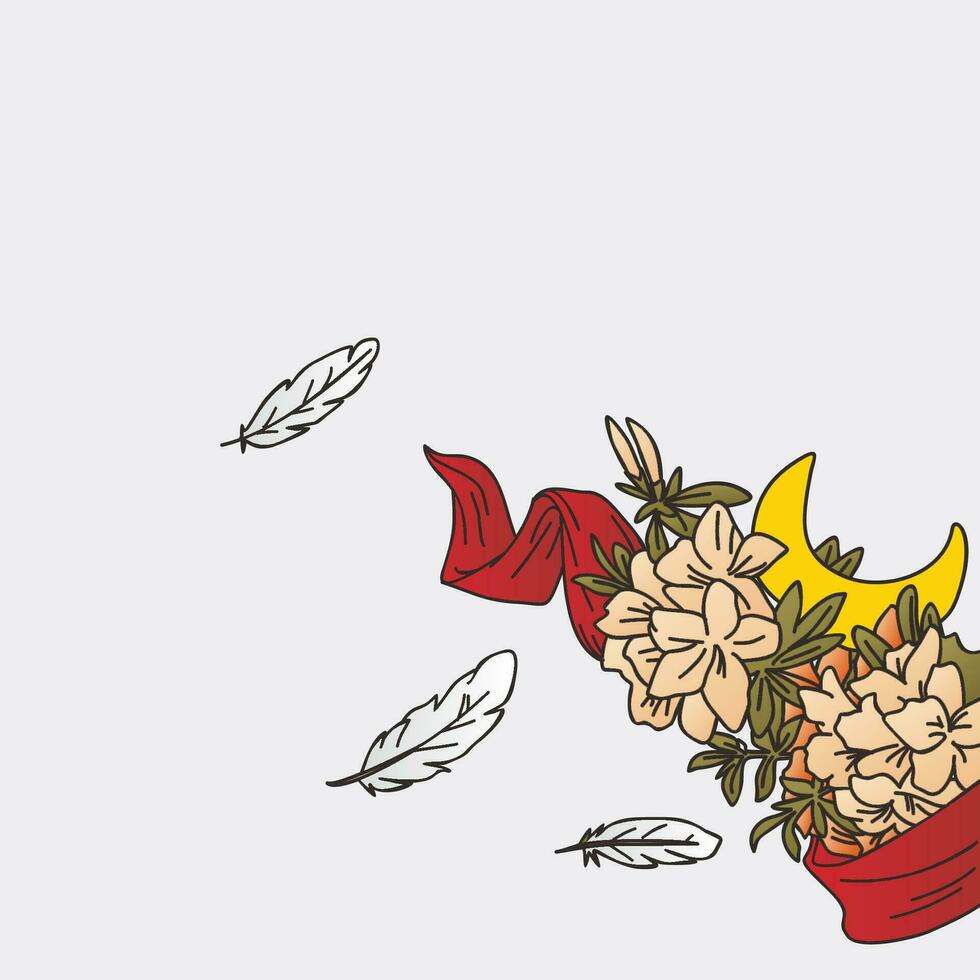 illustration av blommor, halvmåne måne och flygande fjädrar vektor