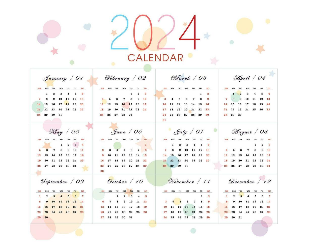 2024 Kalender - - Illustration. Vorlage. heiter bunt Kalender. spotten oben Woche beginnt auf Sonntag vektor