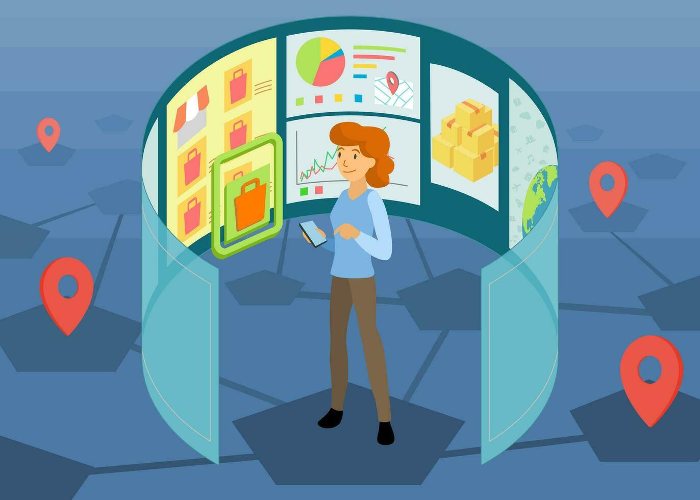 Digital Marketing Manager Arbeiten mit virtuell Bildschirme und Analysieren Daten , Vektor Illustration