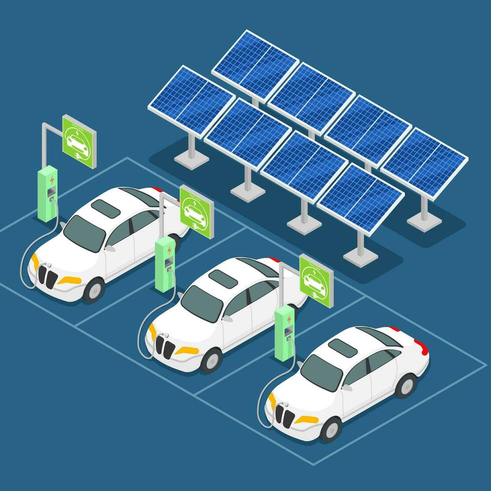elektrisch Fahrzeug Laden Bahnhof, elektrisch Auto mit Solar- Zellen , ev Auto vektor