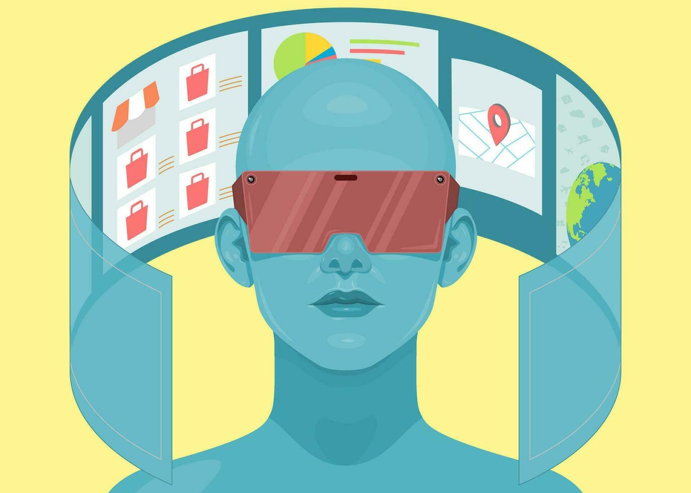 Mensch Gesicht im erweitert oder virtuell Wirklichkeit Brille. Metaverse Digital virtuell Wirklichkeit Technologie, Vektor Illustration