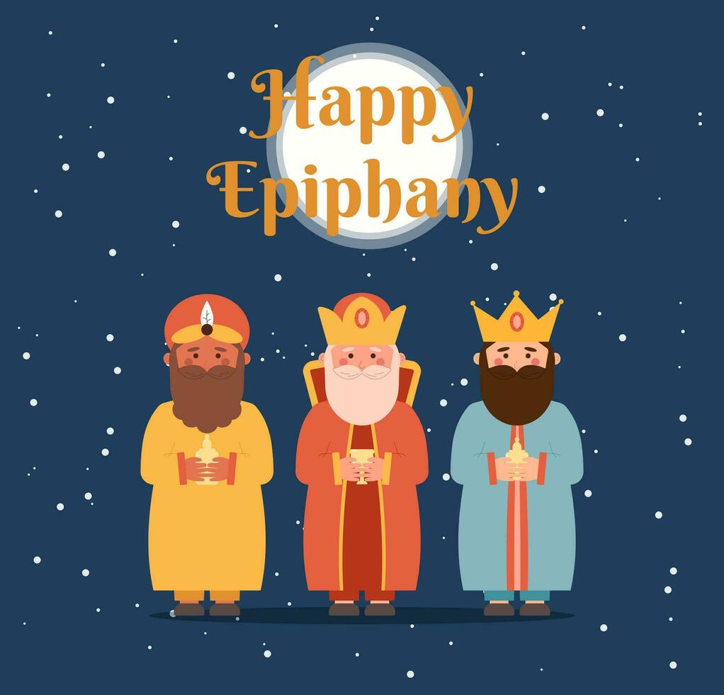 Lycklig uppenbarelse dag. kristen festival. hälsning kort med tre kungar och text. platt vektor illustration