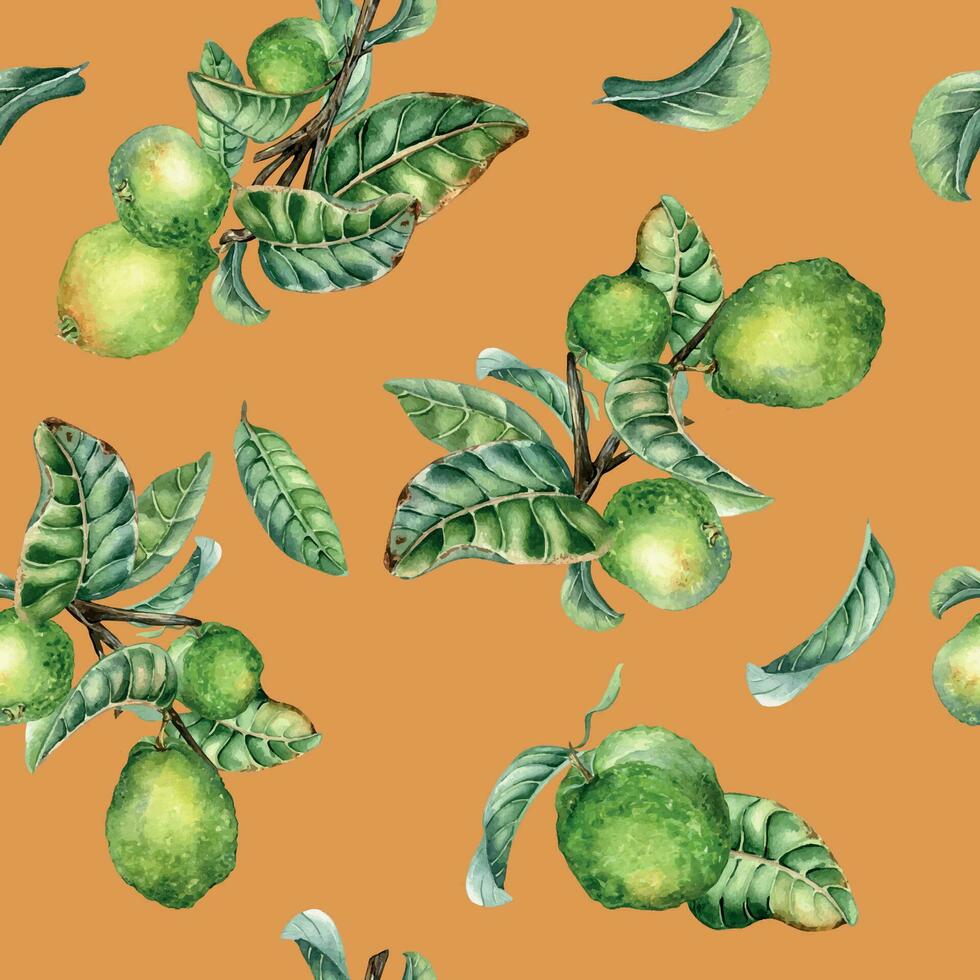 gren av träd och enda guava frukt vattenfärg sömlös mönster isolerat på orange bakgrund. grön löv, blommor av guajava hand ritade. design för omslag, förpackning, tyg, papper, textil- vektor