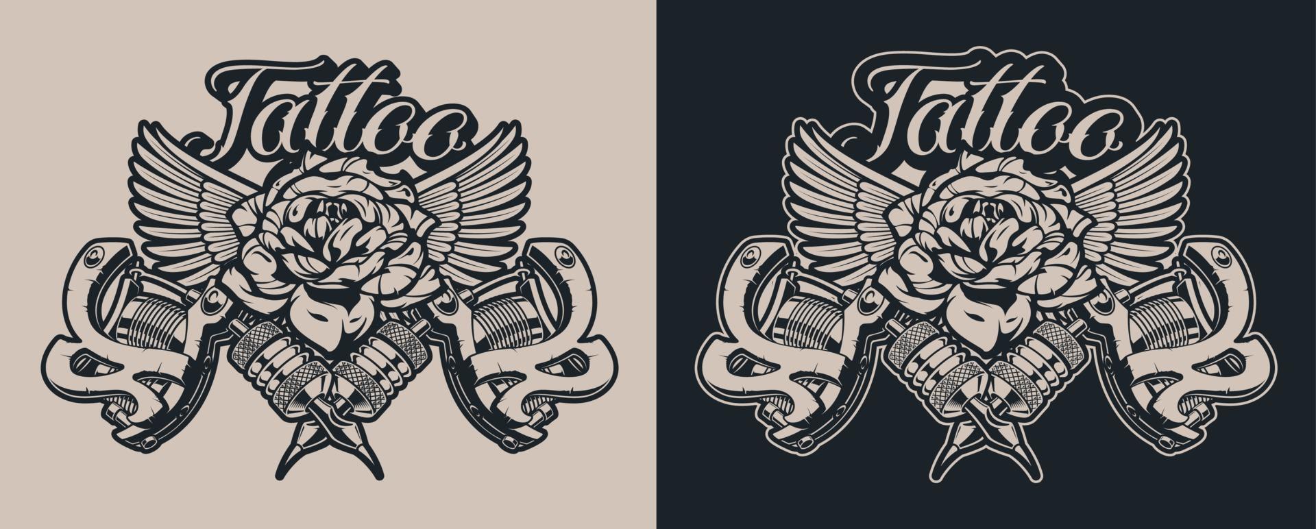 Schwarz-Weiß-Illustrationen Tattoo-Maschinen mit Rose und Flügeln vektor