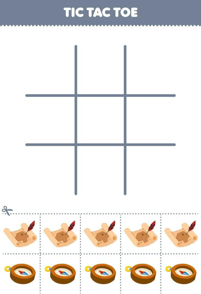 Bildung Spiel zum Kinder tic tac Zehe einstellen mit süß Karikatur Schatz Karte und Kompass Bild druckbar Pirat Arbeitsblatt vektor
