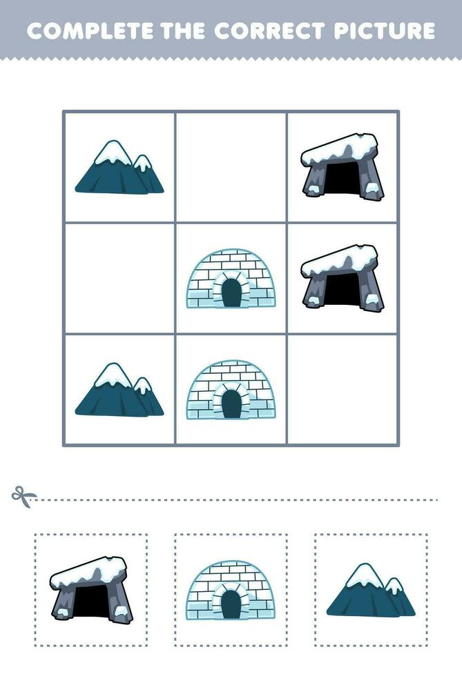 utbildning spel för barn komplett de korrekt bild av en söt tecknad serie igloo håla och snö berg tryckbar vinter- kalkylblad vektor