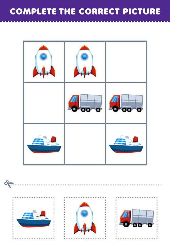 Bildung Spiel zum Kinder Komplett das richtig Bild von ein süß Karikatur Ozean Liner Rakete und LKW druckbar Transport Arbeitsblatt vektor