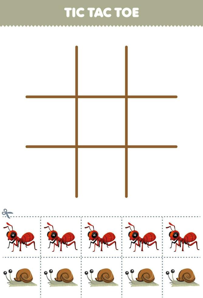 Bildung Spiel zum Kinder tic tac Zehe einstellen mit süß Karikatur Ameise und Schnecke Bild druckbar Fehler Arbeitsblatt vektor