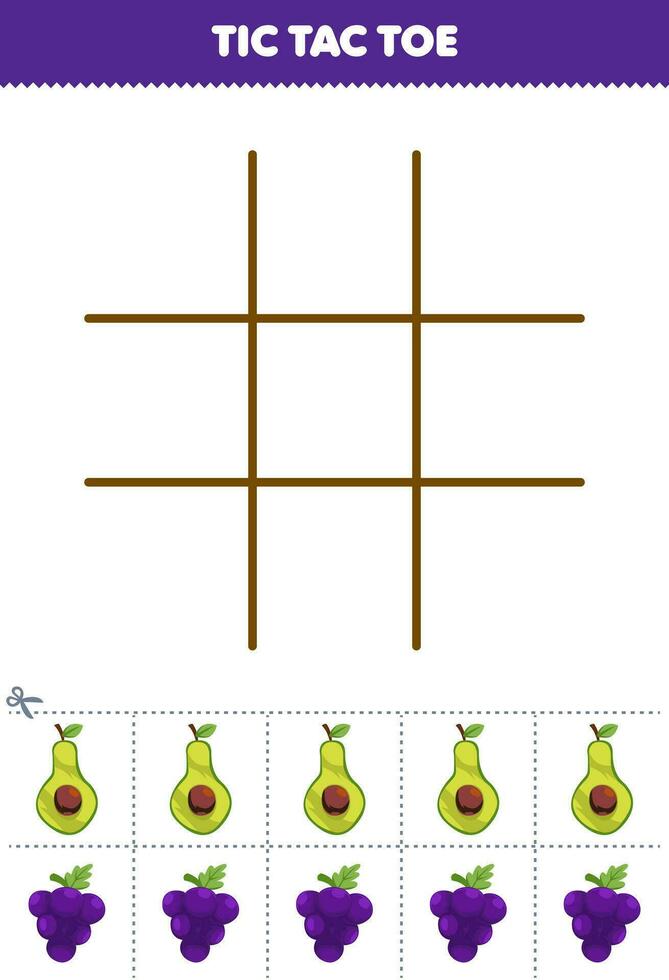 Bildung Spiel zum Kinder tic tac Zehe einstellen mit süß Karikatur Avocado und Traube Bild druckbar Obst Arbeitsblatt vektor