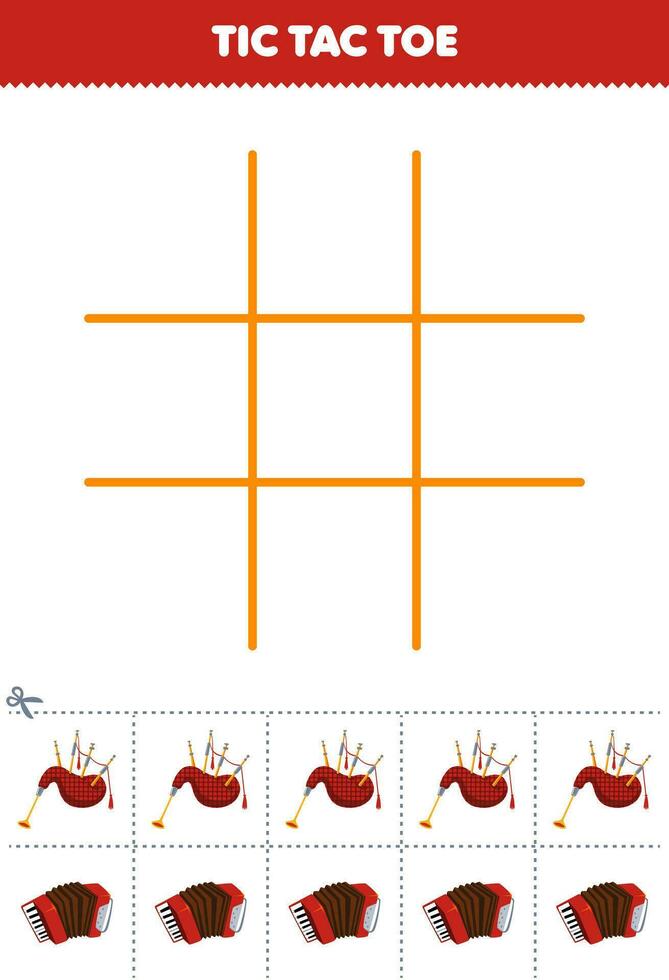 utbildning spel för barn tic tac tå uppsättning med söt tecknad serie säckpipor och dragspel bild tryckbar musik instrument kalkylblad vektor