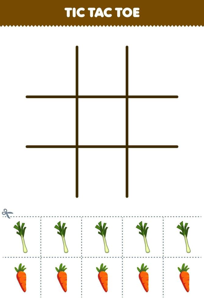 Bildung Spiel zum Kinder tic tac Zehe einstellen mit süß Karikatur Lauch und Karotte Bild druckbar Gemüse Arbeitsblatt vektor