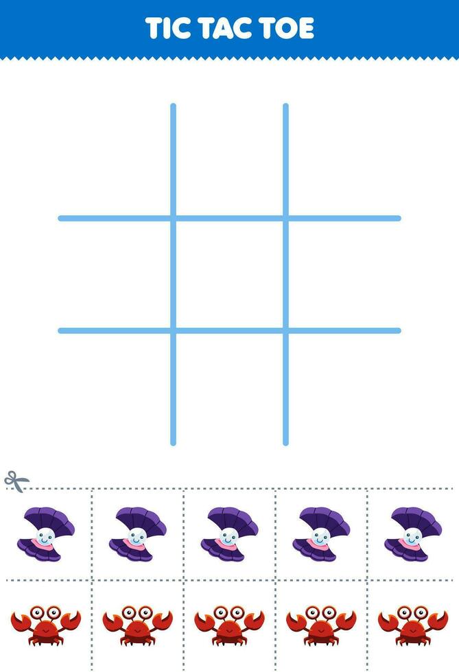 Bildung Spiel zum Kinder tic tac Zehe einstellen mit süß Karikatur Schale und Krabbe Bild druckbar unter Wasser Arbeitsblatt vektor