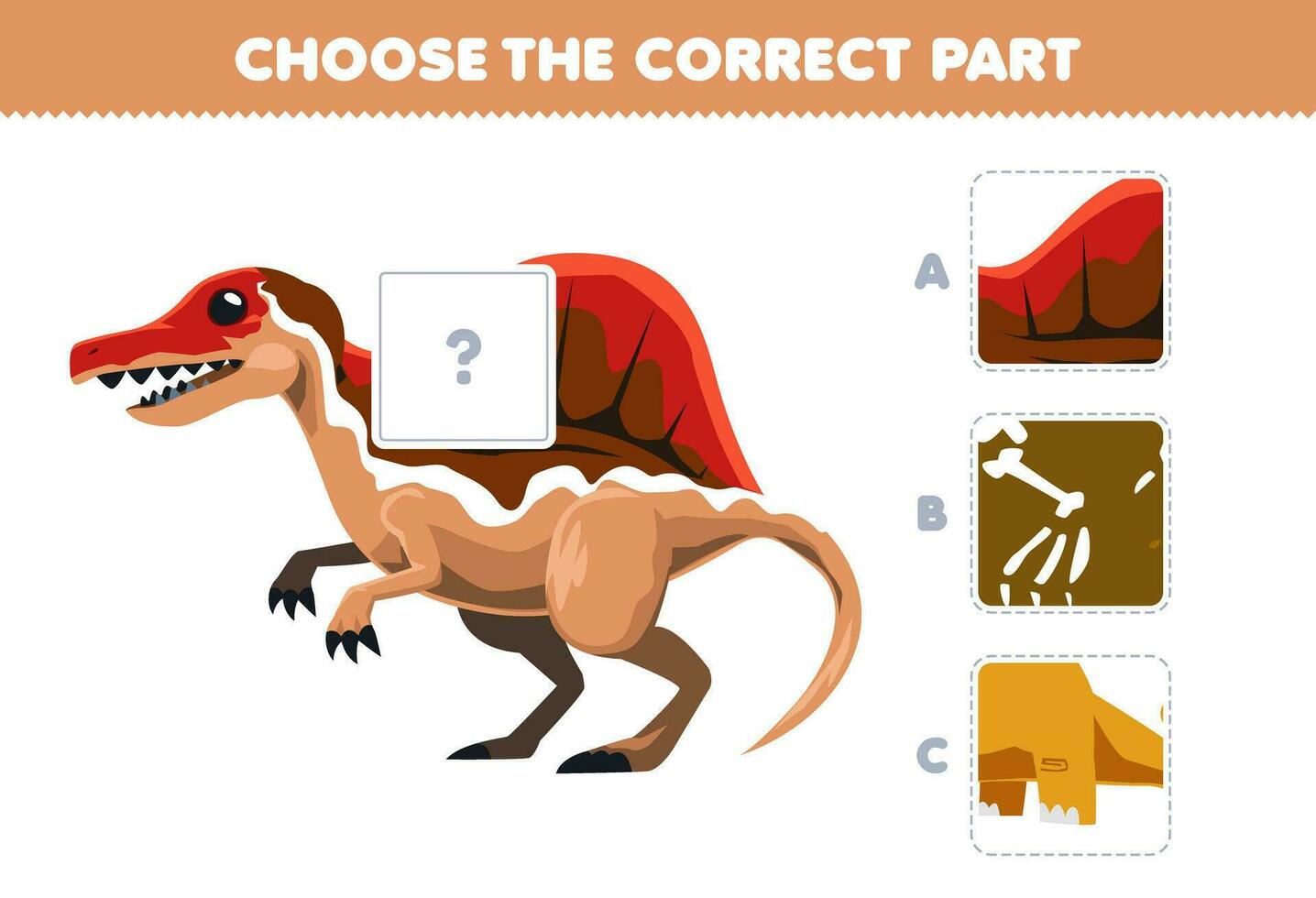 utbildning spel för barn välja de korrekt del till komplett en söt tecknad serie spinosaurus bild tryckbar förhistorisk dinosaurie kalkylblad vektor