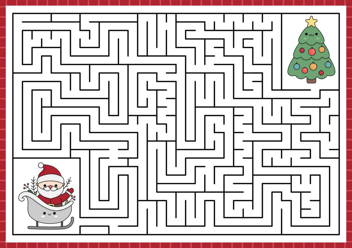 jul labyrint för ungar. vinter- Semester förskola tryckbar aktivitet med söt söt santa claus på släde gående till dekorerad träd. ny år labyrint spel eller pussel med söt tecken vektor