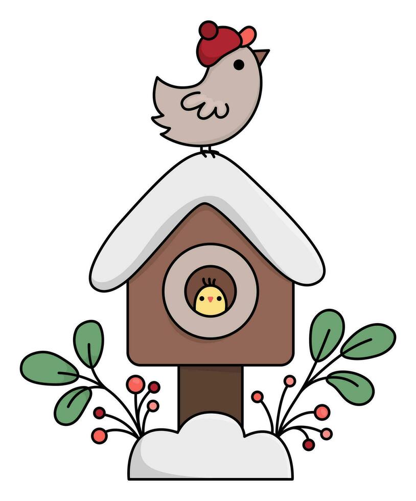vektor färgad söt fågel hus med snö, fågel, kvistar. söt jul stare hus illustration isolerat på vit bakgrund. ny år eller vinter- tecknad serie Semester ikon