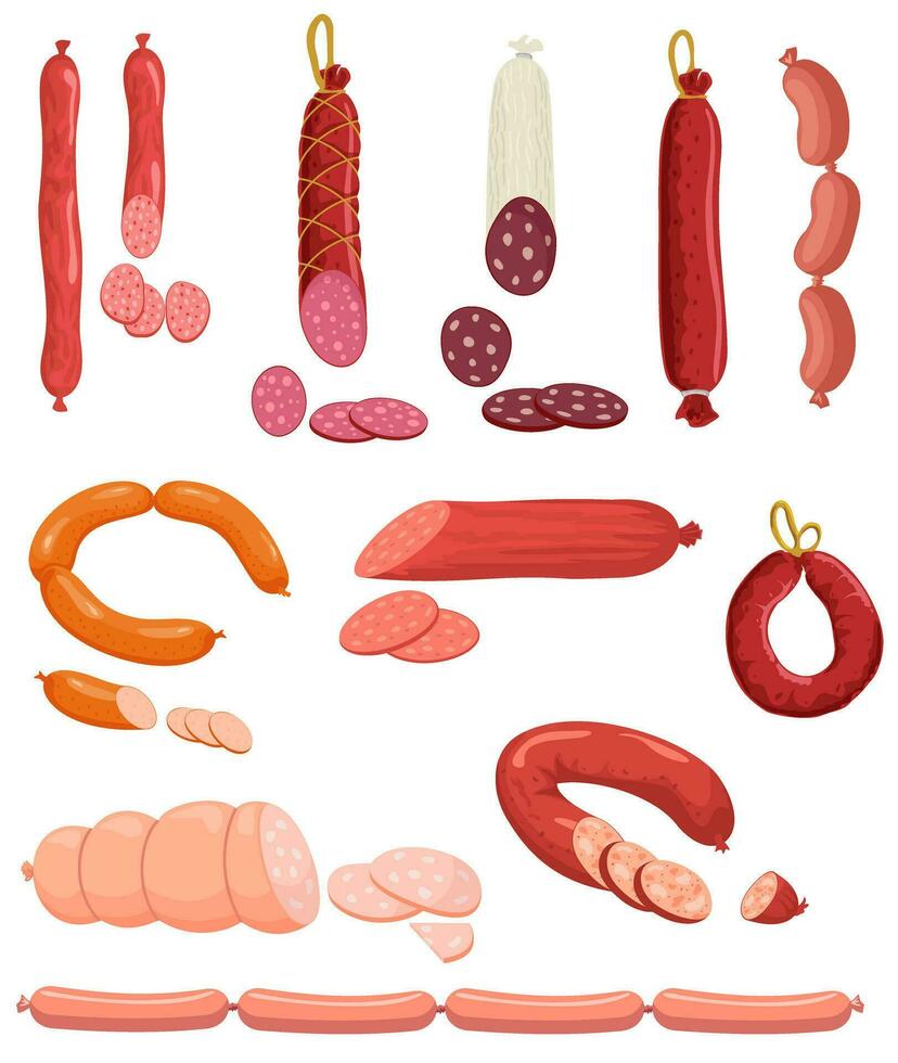 einstellen von Würste Salami, Peperoni geräuchert Wurst, Rindfleisch Fleisch, Schinken Bauernhof oder Metzger Geschäft Produktion. Speck oder gekocht Würstchen Delikatessen Mahlzeiten. Design Elemente zum Markt Inserat. vektor