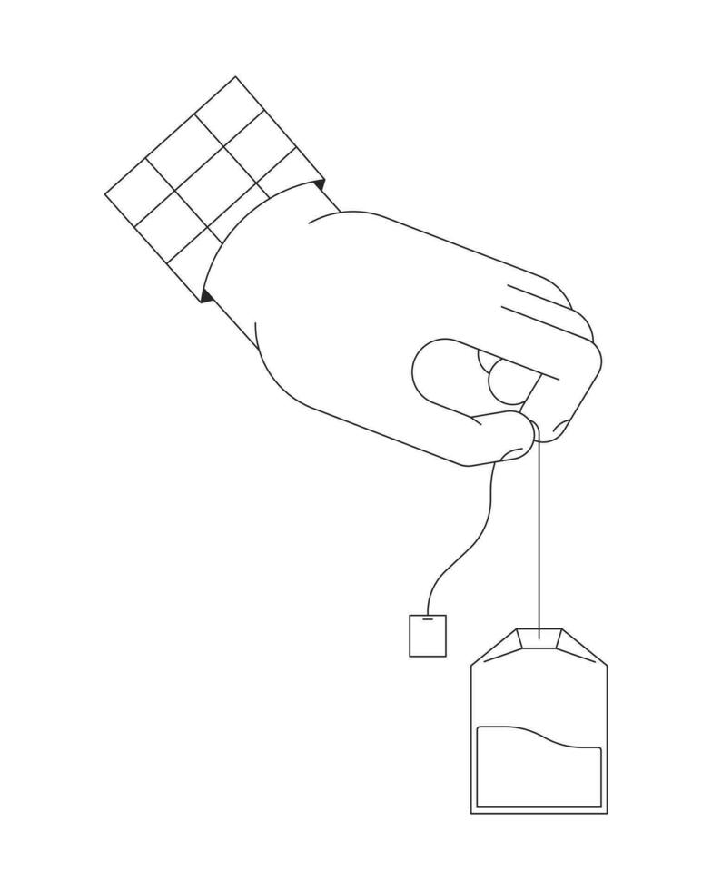 stöpning tepåse tecknad serie mänsklig hand översikt illustration. innehav te väska 2d isolerat svart och vit vektor bild. bryggning dryck. sätta tepåse i. dunking te väska platt enfärgad teckning klämma konst