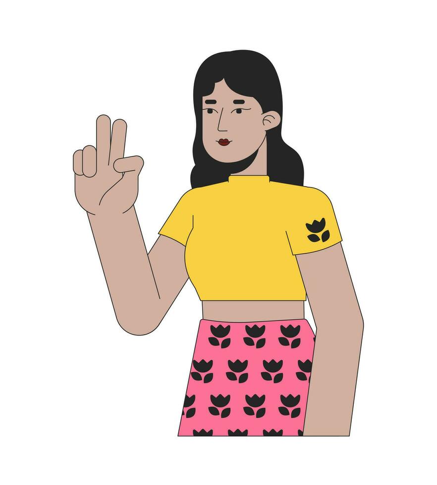 latina ung vuxen med två fingrar upp 2d linjär tecknad serie karaktär. latinamerikan lady selfie tar isolerat linje vektor person vit bakgrund. icke-verbalt kommunikation Färg platt fläck illustration
