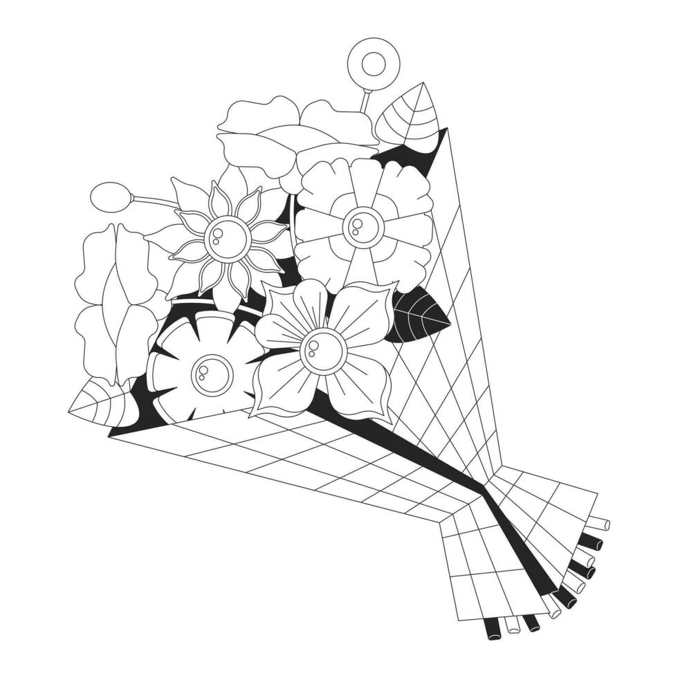 boho höst blommor bukett svart och vit 2d linje tecknad serie objekt. falla blommig arrangemang isolerat vektor översikt Artikel. säsong- sammansättning. rost blomma knippa enfärgad platt fläck illustration
