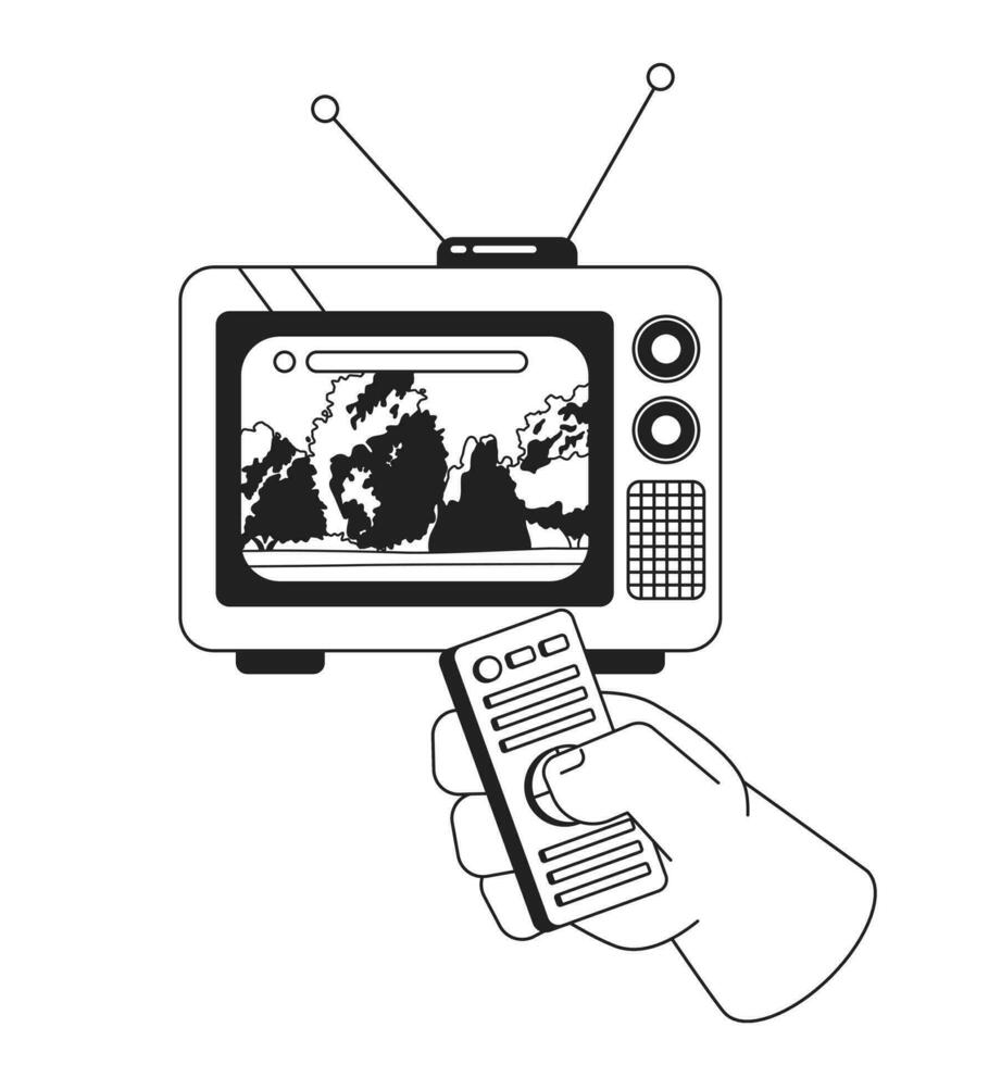 Park Landschaft auf 1970er Jahre Fernseher schwarz und Weiß 2d Illustration Konzept. Steuerung Klicken isoliert Karikatur Gliederung Charakter Hand. Wald still auf retro Fernsehen Metapher einfarbig Vektor Kunst