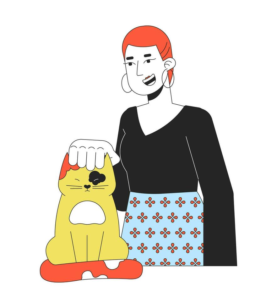 kurz behaart kaukasisch Frau Petting Katze Kopf 2d linear Karikatur Charakter. Kätzchen kratzen isoliert Linie Vektor Person Weiß Hintergrund. Haustier Liebhaber, weiblich Tierarzt Farbe eben Stelle Illustration