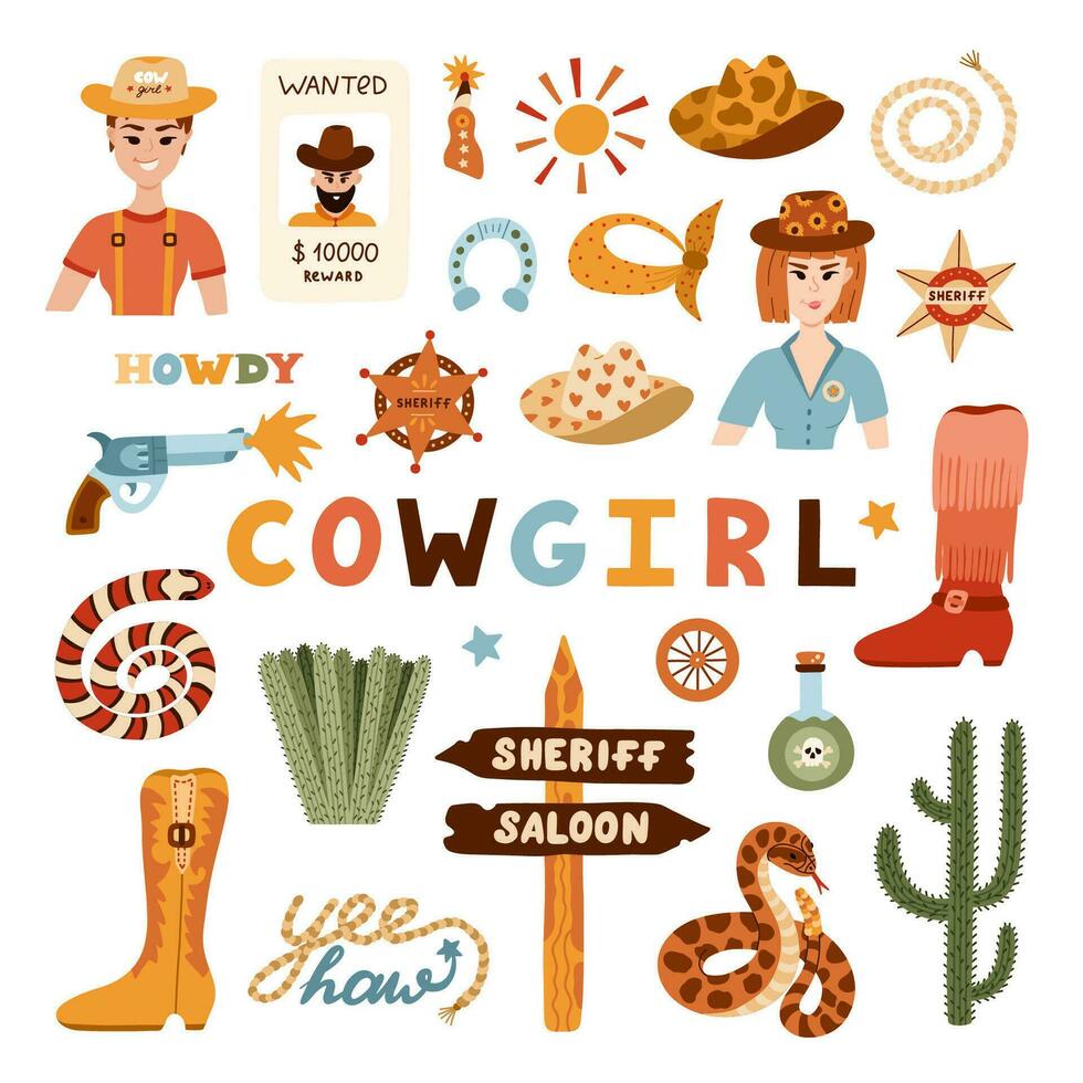 groß Cowgirl einstellen im modisch eben Stil. Hand gezeichnet einfach Vektor Illustration mit Western Stiefel, Hut, Schlange, Kaktus, Stier Schädel, Sheriff Abzeichen Stern. Cowboy Thema mit Symbole von Texas und wild Westen