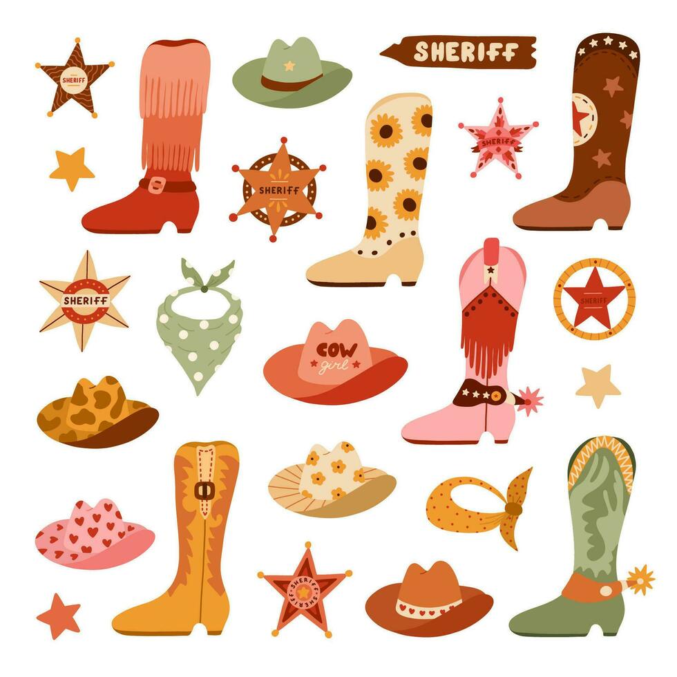 groß wild Westen und Cowboy einstellen im modisch eben Stil. Hand gezeichnet einfach Vektor Illustration mit Western Stiefel, Hut, Schlange, Kaktus, Stier Schädel, Sheriff Abzeichen Stern. Cowboy Thema mit Symbole von Texas