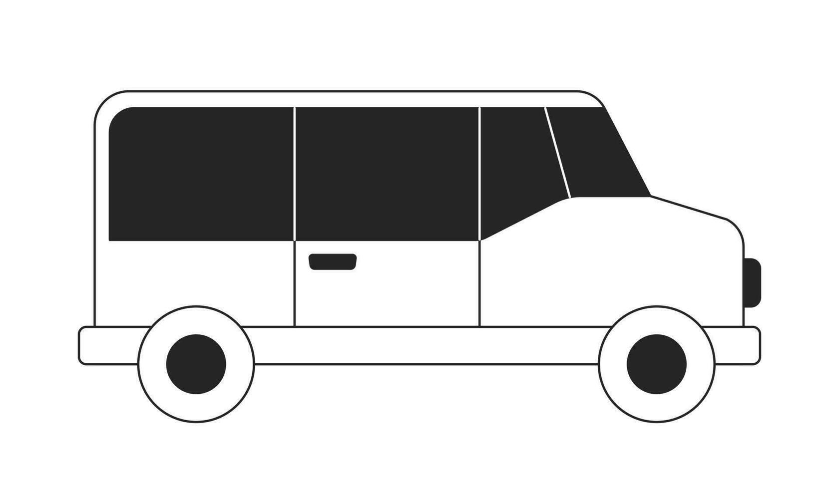 leverans fordon skåpbil sida svart och vit 2d linje tecknad serie objekt. kommersiell väg frakt transport isolerat vektor översikt Artikel. passagerare transport bil enfärgad platt fläck illustration