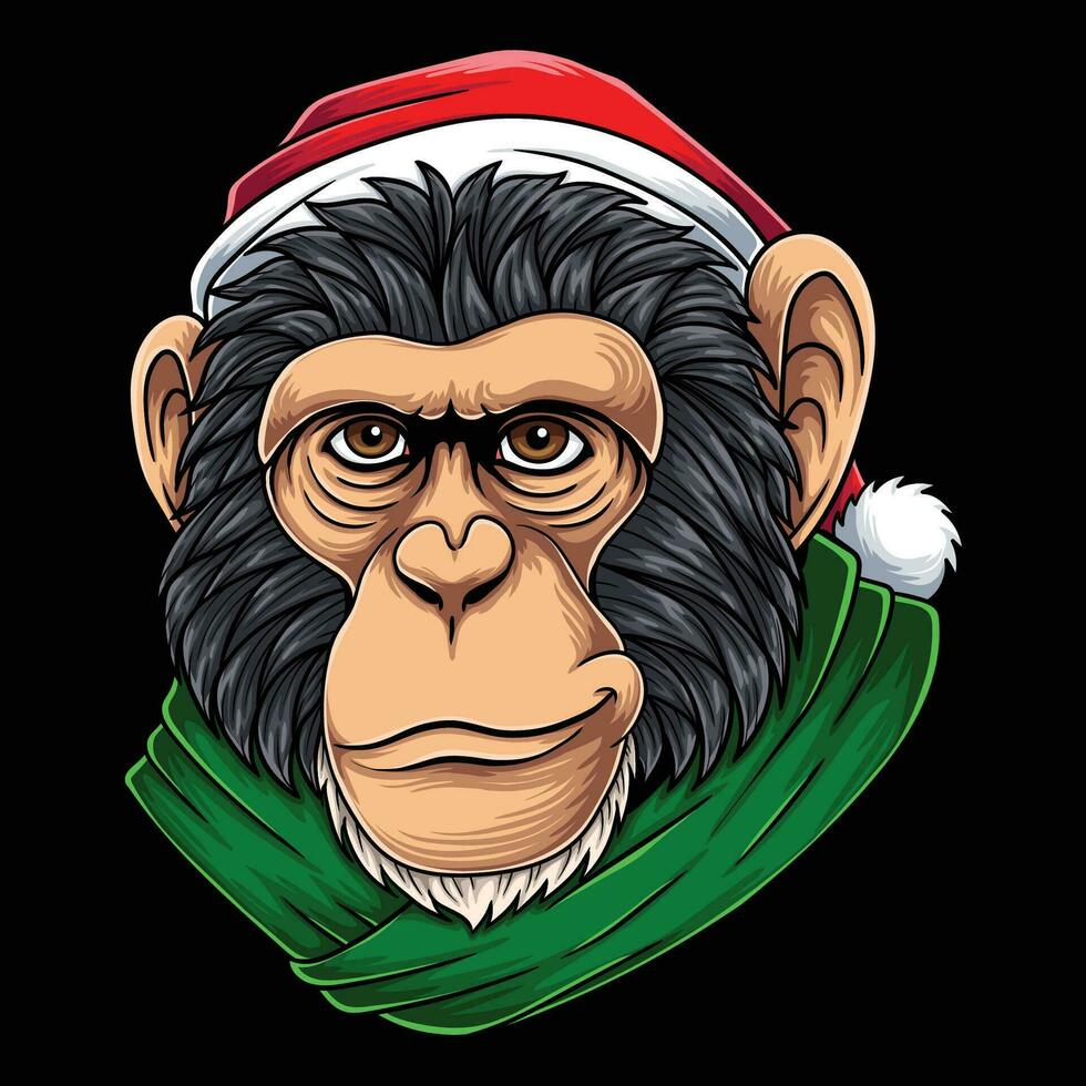 Schimpanse Kopf tragen Santa Hut Weihnachten Vektor Illustration