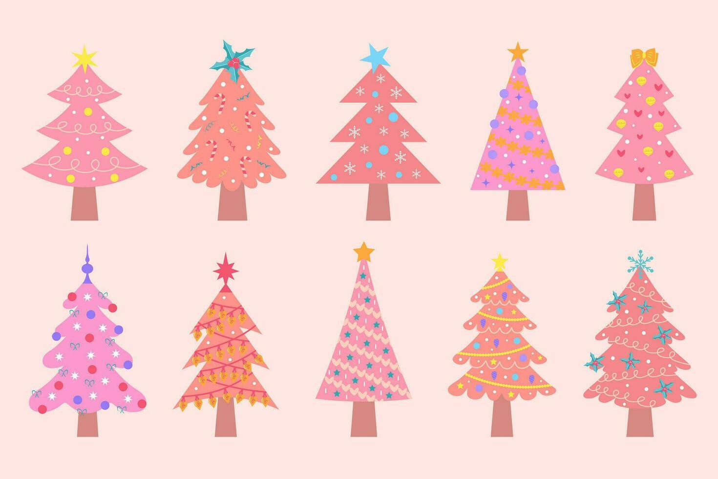 Rosa Weihnachten Bäume Satz. süß Pastell- dekoriert Weihnachten Bäume mit Kugeln und Girlanden. Winter Ferien Glanz dekorativ Sammlung. vektor