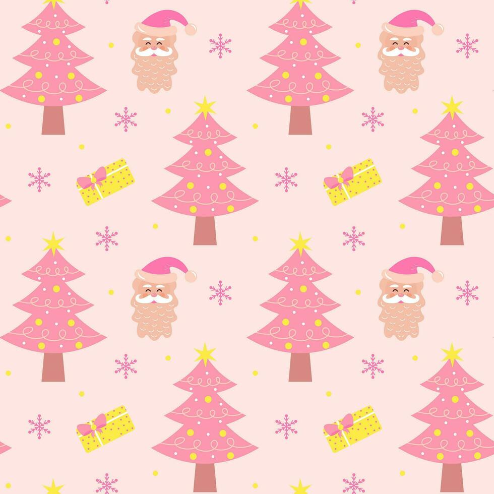 süß Rosa Weihnachten Baum, Geschenk, Santa claus und Schneeflocken nahtlos Muster. Glanz Pastell- Weihnachten drucken zum Verpackung oder Textil. vektor